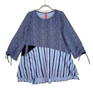IC Collection Asymmetrical Tunic Top LARGE Lagenlook Blue Striped Relaxed Fit